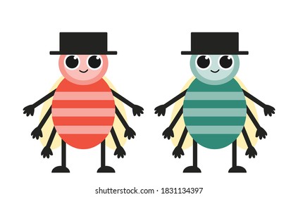 Two Insect animal collection wear a hat. Cute cartoon kawaii smiling baby character. Education cards for kids. Isolated. White background. Flat design. Vector illustration