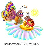 Two insects sitting on a flower, vector cartoon image