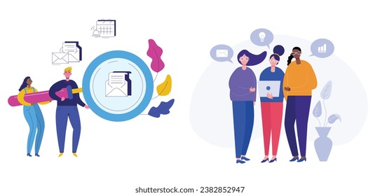 Dos ilustraciones vectoriales inspiradoras que ilustran el trabajo en equipo eficaz, fomentando la colaboración y logrando objetivos compartidos de una manera visualmente convincente