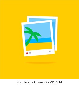 Two instant photo cards with a sea landscape and a palm tree