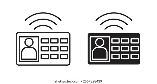 Dos iconos de intercomunicación, una línea de arte, uno sólido, ambos mostrando conexión inalámbrica y teclado. Aislado en blanco.