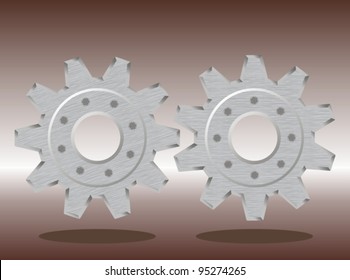 two interconnected gear on bronze background. Detailed vector.