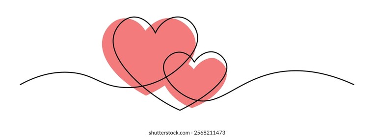 Two interconnected hearts in continuous one line drawing style on a flowing black line. Perfect for Valentines Day, romantic celebrations, and minimalist love-themed designs. Editable stroke