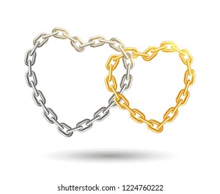 Two interconnected hearts. Shiny gold and silver chains. Realistic shadow. Wedding anniversary decor. Symbol of eternal love and commitment. Isolated elements on white background. Vector illustration.