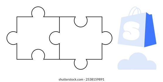 Two interconnected puzzle pieces beside blue shopping bag and cloud. Ideal for collaboration, e-commerce, cloud services, solution integration, and partnership concepts. Simple minimalist style