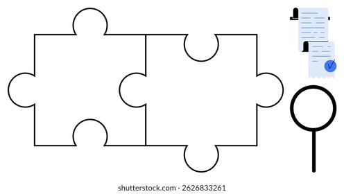 Two interconnected puzzle pieces, a checklist with a check mark and magnifying glass. Ideal for teamwork, problem-solving, inspection, organization, and collaboration. Simple line art style