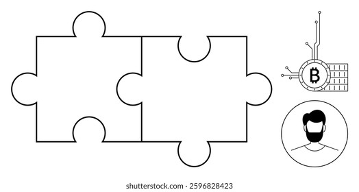 Two interconnected puzzle pieces. To the right, a blockchain symbol with a Bitcoin icon and a man with a beard inside a circle. Ideal for digital identity, blockchain, cryptocurrency, technology