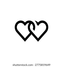 Two interlocking black heart outlines on white background. Minimal line icon for couple, unity, partnership, marriage, romance, and connected love.
