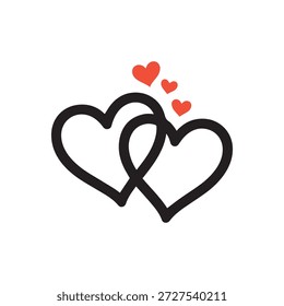 Dois corações contorno preto entrelaçados simbolizando amor e conexão com três pequenos corações vermelhos flutuando acima deles representando afeto e romance contra um fundo branco limpo
