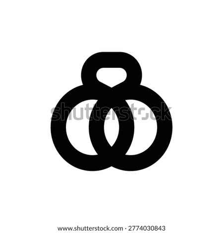 Two interlocking black wedding rings with a diamond on top, minimalist icon symbolizing marriage, engagement, commitment, and eternal love.