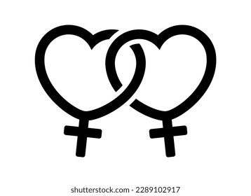 Two interlocking female gender symbols in heart shape black icon vector. Lesbian symbol graphic design element isolated on a white background