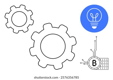 Two interlocking gears beside a Bitcoin symbol and a lightbulb represent innovation and technology. Ideal for themes cryptocurrency, blockchain, efficiency, innovation, digital technology. Modern