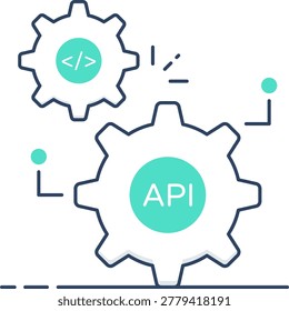 Two interlocking gears featuring an API label and a code bracket symbol. This represents seamless software integration and automated backend development processes.