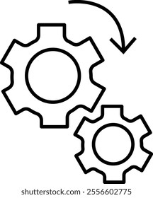 Two interlocking gears, with the larger gear on the left and the smaller gear on the right, featuring an arrow above the larger gear indicating the direction of rotation.