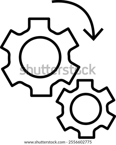 Two interlocking gears, with the larger gear on the left and the smaller gear on the right, featuring an arrow above the larger gear indicating the direction of rotation.