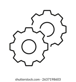Two Interlocking Gears Line Icon. Mechanical Engineering, Process Optimization, And Industrial Automation Outline Symbol. Machine Efficiency. Editable Stroke. Isolated Vector Illustration.