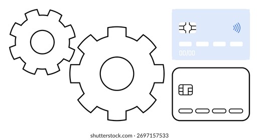 Duas engrenagens interligadas próximas a dois cartões de crédito com designs diferentes. Ideal para finanças, tecnologia, automação, sistemas de pagamento, segurança digital, fintech e temas de inovação bancária. Linha
