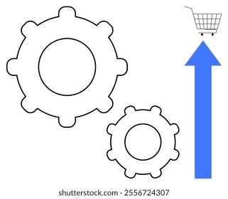 Two interlocking gears next to an upward-pointing blue arrow leading to a shopping cart symbol. Ideal for business growth, e-commerce, process improvement, online retail, technology solutions