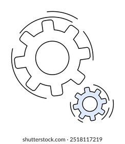 Two interlocking gears, one larger and one smaller, in motion. Simple and clean design. Ideal for teamwork, innovation, mechanics, engineering, technology, simplicity.