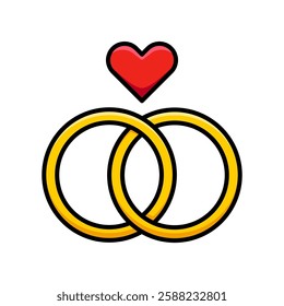 Two Interlocking Gold Wedding Rings with Red Heart Symbol