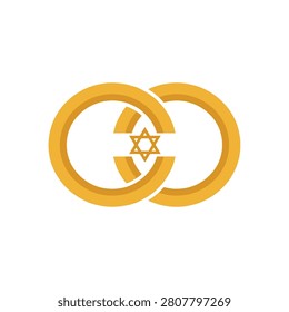Two interlocking gold wedding rings forming a stylized Star of David, symbolizing Jewish marriage and union. Clean white background.