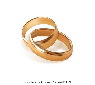 Two interlocking golden wedding rings on white background. Quality realistic vector, 3d illustration