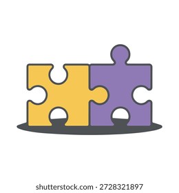 Dos piezas de rompecabezas entrelazadas amarillo y púrpura se destacan sobre un fondo blanco limpio en esta ilustración minimalista