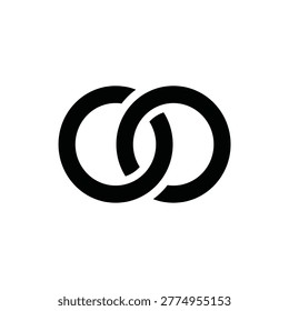 Two interlocking rings, minimalist black icon representing wedding bands, marriage, union, partnership, commitment, eternal bond, unity, or matrimony symbol.