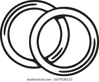 Dois anéis entrelaçados, simbolizando unidade, casamento e compromisso, apresentados em um estilo de arte de linha gráfica limpo.