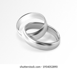 Dos anillos de boda plateados o platino sobre fondo transparente. Vector realista de calidad, ilustración 3d