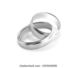 Two interlocking silver or platinum wedding rings on white background. Quality realistic vector, 3d illustration