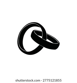Two interlocking wedding bands, 3D solid black icon representing marriage, unity, eternal bond, partnership, commitment, love, union, or wedding ceremony.