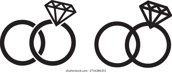 Dos anillos de boda entrelazados conjunto de iconos con anillo de compromiso de diamantes simple gráfico de contorno negro
