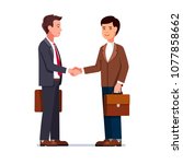 Two international business man Caucasian and Chinese shaking hands. Businessmen first meeting greeting with firm handshake. Flat style character vector illustration isolated on white background