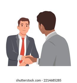 Two international business man Caucasian and Black shaking hands. Businessmen first meeting greeting with firm handshake. Flat vector illustration isolated on white background