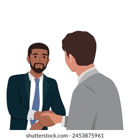 Two international business man Caucasian and Black shaking hands. Flat vector illustration isolated on white background