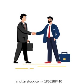Two international businessmen man European  Caucasian, business meeting handshake. Business agreement. Business people are the first to greet.Flat style character.Isolated on white background, vector
