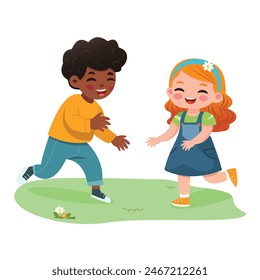 Two international kids playing and running. Cartoon character in flat design style isolated. Vector illustration