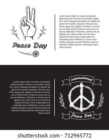 Two International Peace Day posters. Vector illustration contains colorless banner with symbols like hand surrounded by spikelets and hippie icon