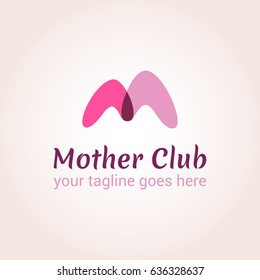 Two intersecting figures forming the letter M. Vector logo template in pink color for mother club, care during pregnancy, protection or pregnancy support. EPS10. Creative logotype.