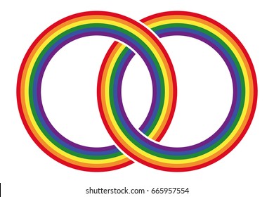 Two Intersecting Gay Pride Rainbow Colored Circles. Combined Rings In The LGBT Movement Flag Colors. Symbol For Gay Marriage, Tolerance And Peace. Isolated Illustration On White Background. Vector.