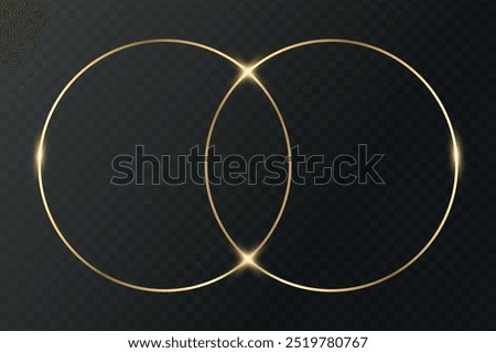 Two intersecting golden hoops. Two crossing shiny golden rings. Vector illustration