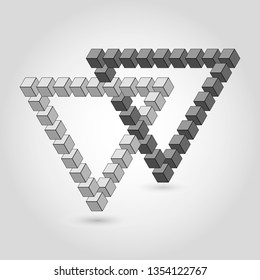 Two intersecting Penrose triangles. Isometric cubes. Impossible figure Logo. Combining the impossible