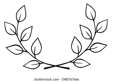 Two intersecting twigs with leaves. Hand drawn laurel wreath doodle black outline. Design element divider for postcard business card invitation. Stock vector illustration isolated on white background.
