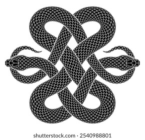 Two intertwined black snakes bites their tails in the form of an endless knot symbol. Tattoo design of ouroboros as traditional buddhist sign. Isolated silhouette vector illustration.