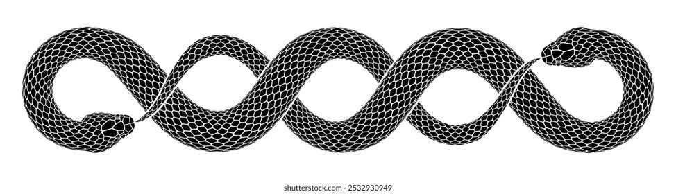 Dos serpientes negras entrelazadas mordiéndose la cola. Ilustración ornamental del símbolo de Ouroboros. Diseño del tatuaje de la serpiente del Vector aislado en el fondo blanco.