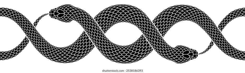 Dos serpientes negras entrelazadas mordiéndose la cola. Ilustración ornamental repetible del símbolo de Ouroboros. Diseño aislado del tatuaje de la serpiente del Vector.