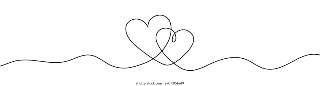 Two intertwined heart outlines, drawn with one continuous line. Symbol of love, relationships, wedding, and romantic attachment. Vector illustration.