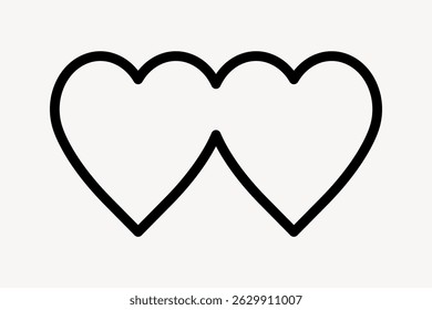 Dois contornos de coração entrelaçados, simbolizando amor e conexão. Simples arte de linha preta sobre um fundo branco. Corações representam unidade e afeto. Vetor de forma geométrica.