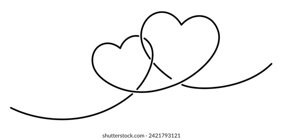 Dos corazones entrelazados en un estilo de dibujo de línea continua. Ilustración del vector